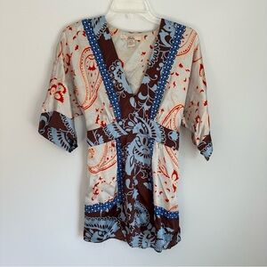 Gala Y2K Vintage Silk Printed Blouse with tie in the back v neck babydoll